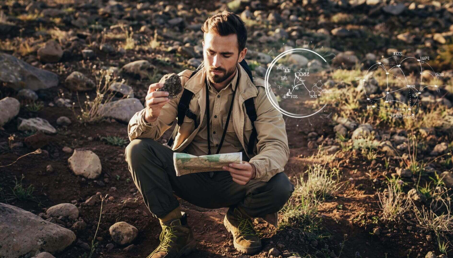 Man examining rock in a rocky landscape.