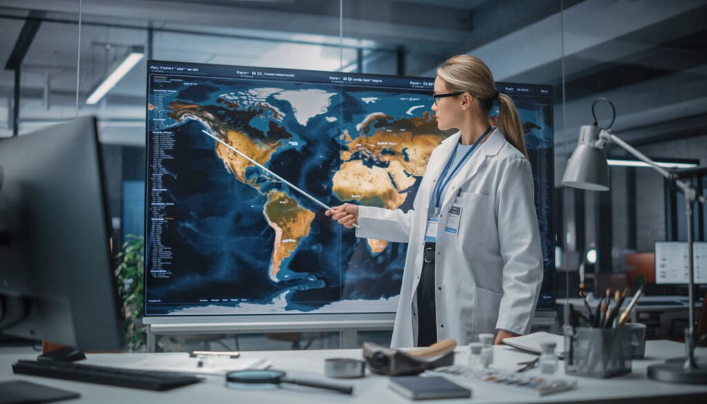 Scientist pointing at world map display.