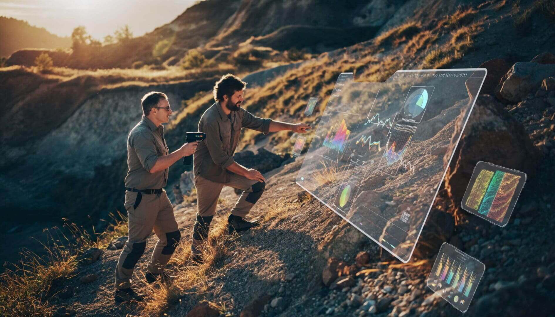 Two men analyzing digital data outdoors.