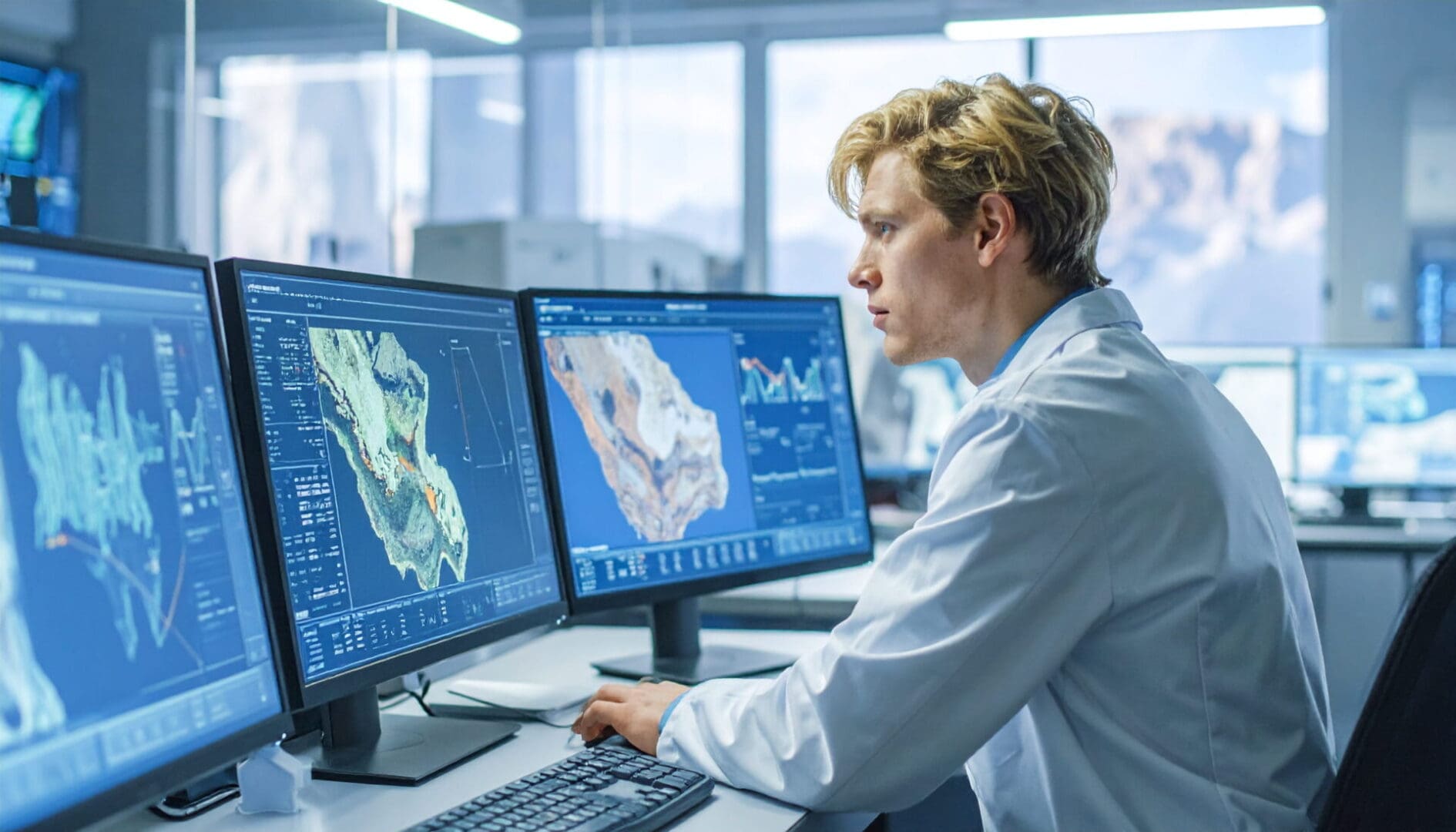 Scientist analyzing data on multiple monitors.