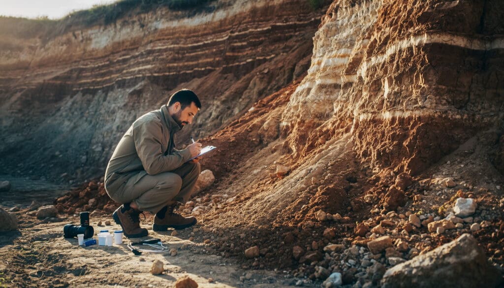 Geologist examining rock layers at cliffside.