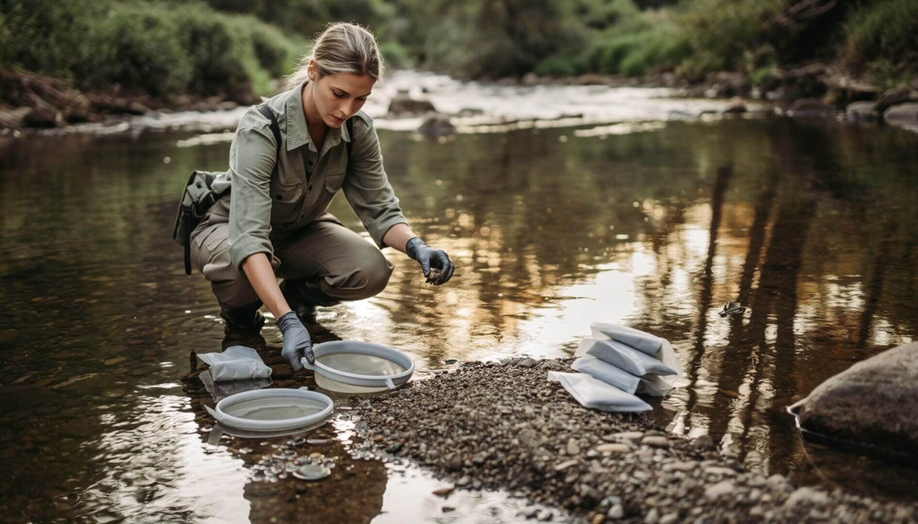 Scientist collecting water samples from river.