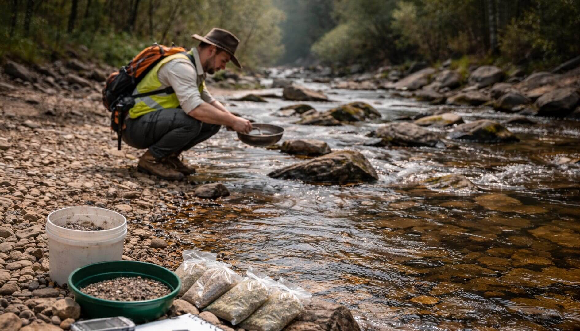 Person panning for gold by river.