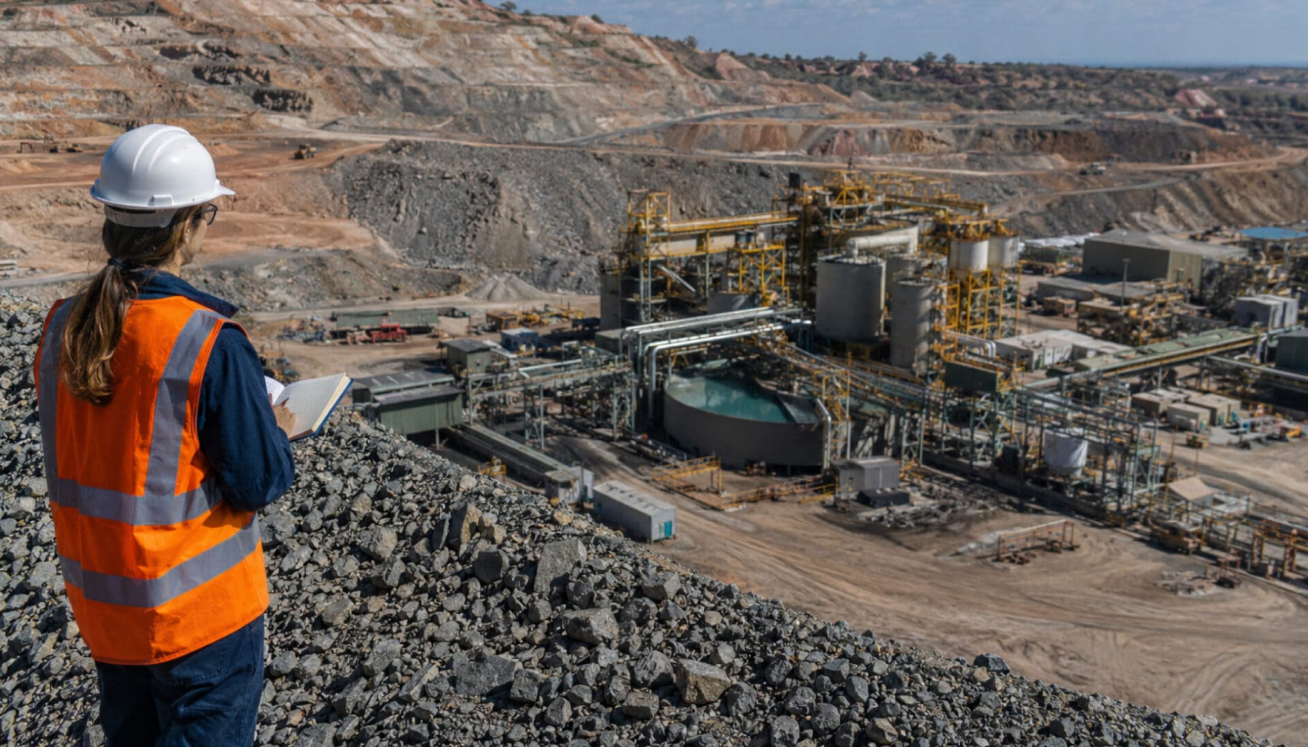 Person in safety vest overlooking mining site
