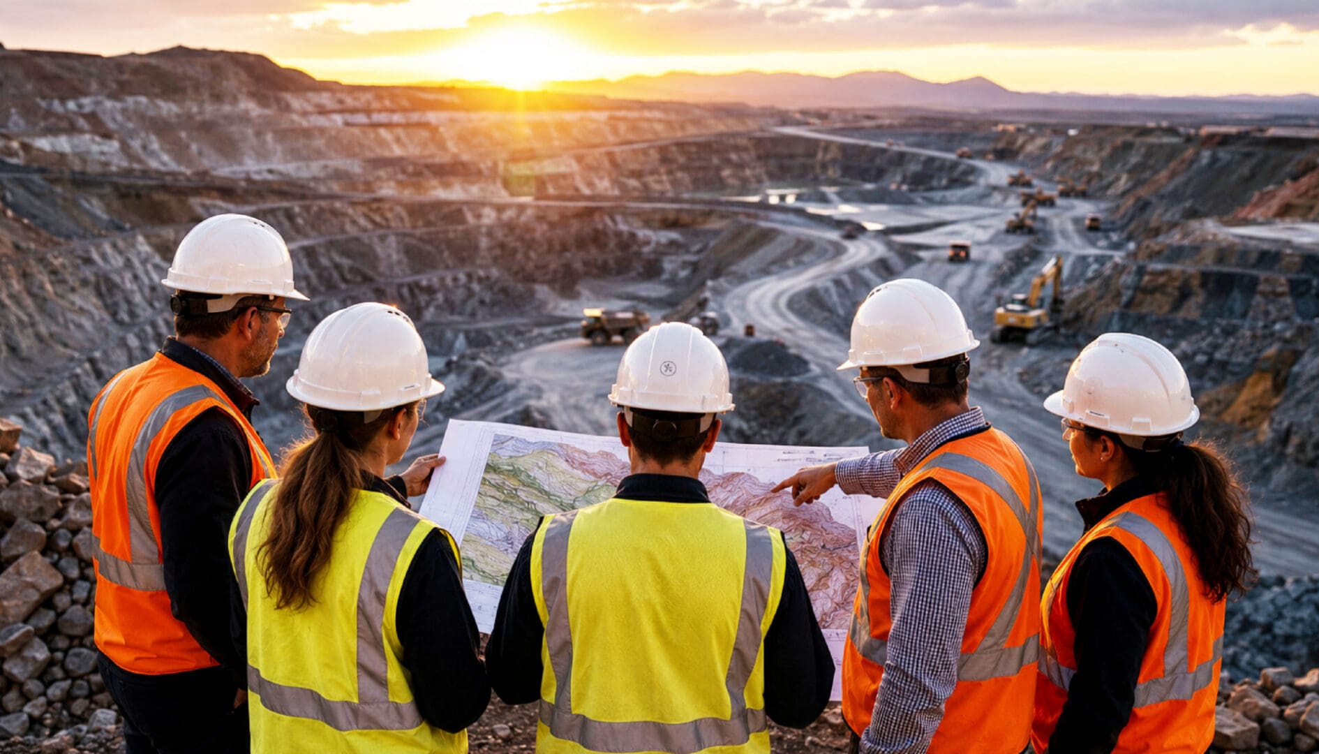 Construction team reviewing plans at open-pit mine