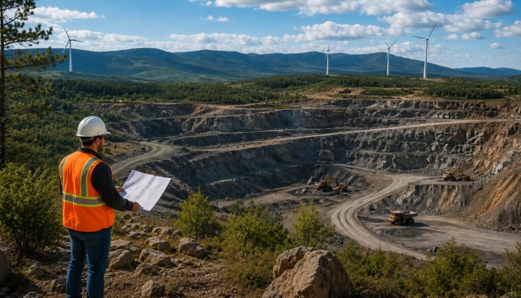 Worker surveying open-pit mine with wind turbines