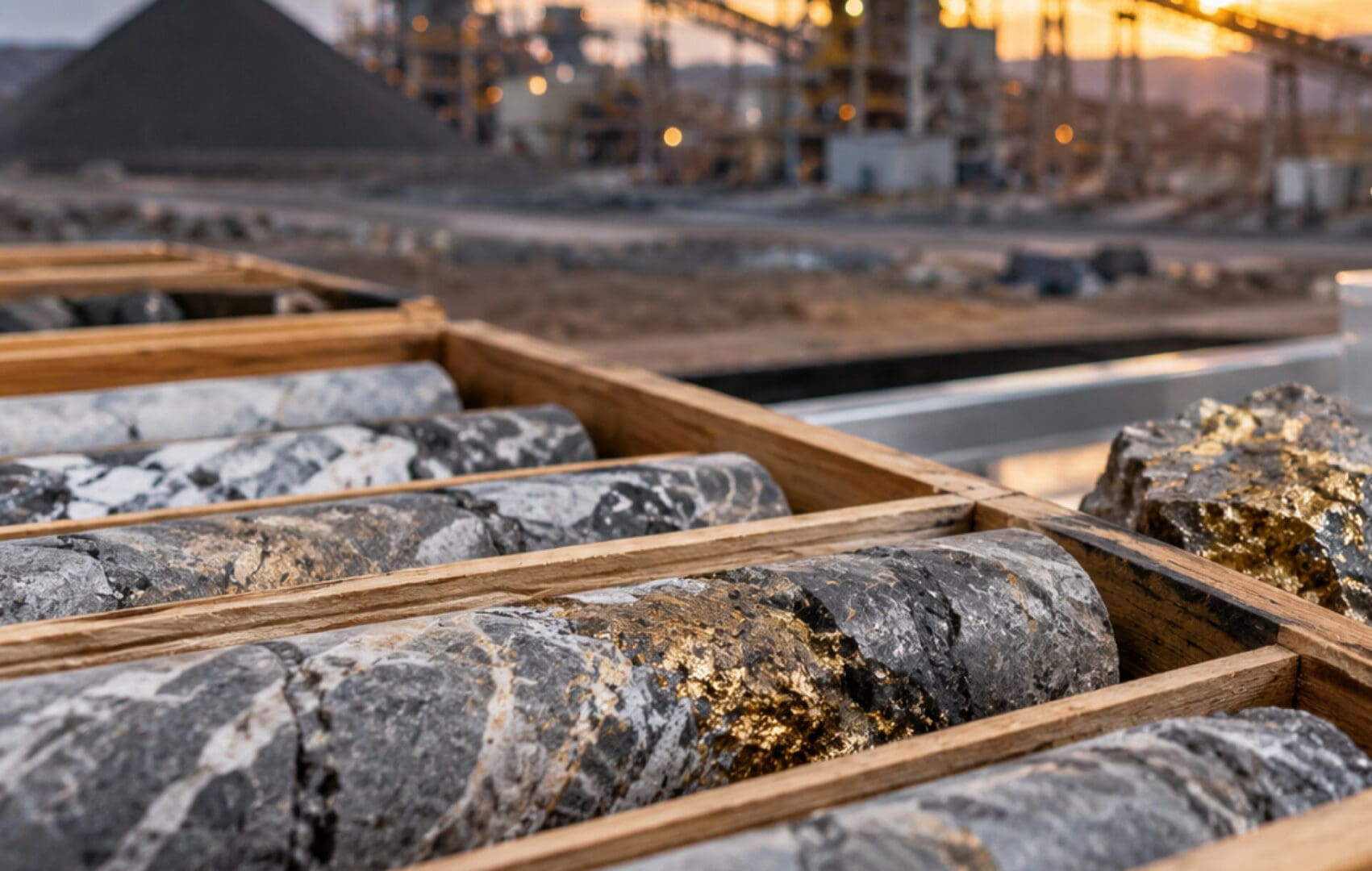 Core samples with gold in mining site.
